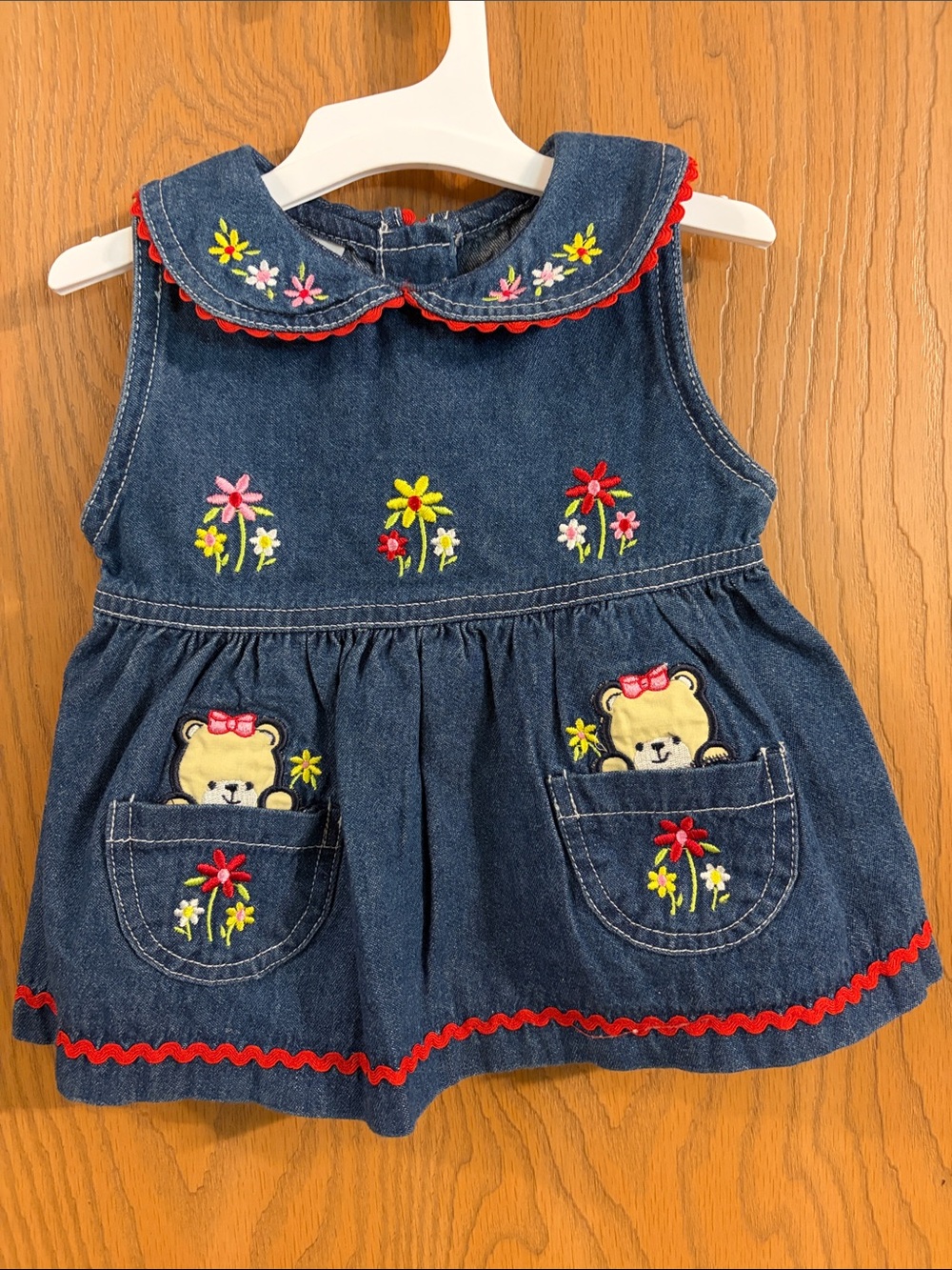 Mon Petit Vintage Infant Girls Denim Embroidered Bear Pocket Jumper Dress 6-9M